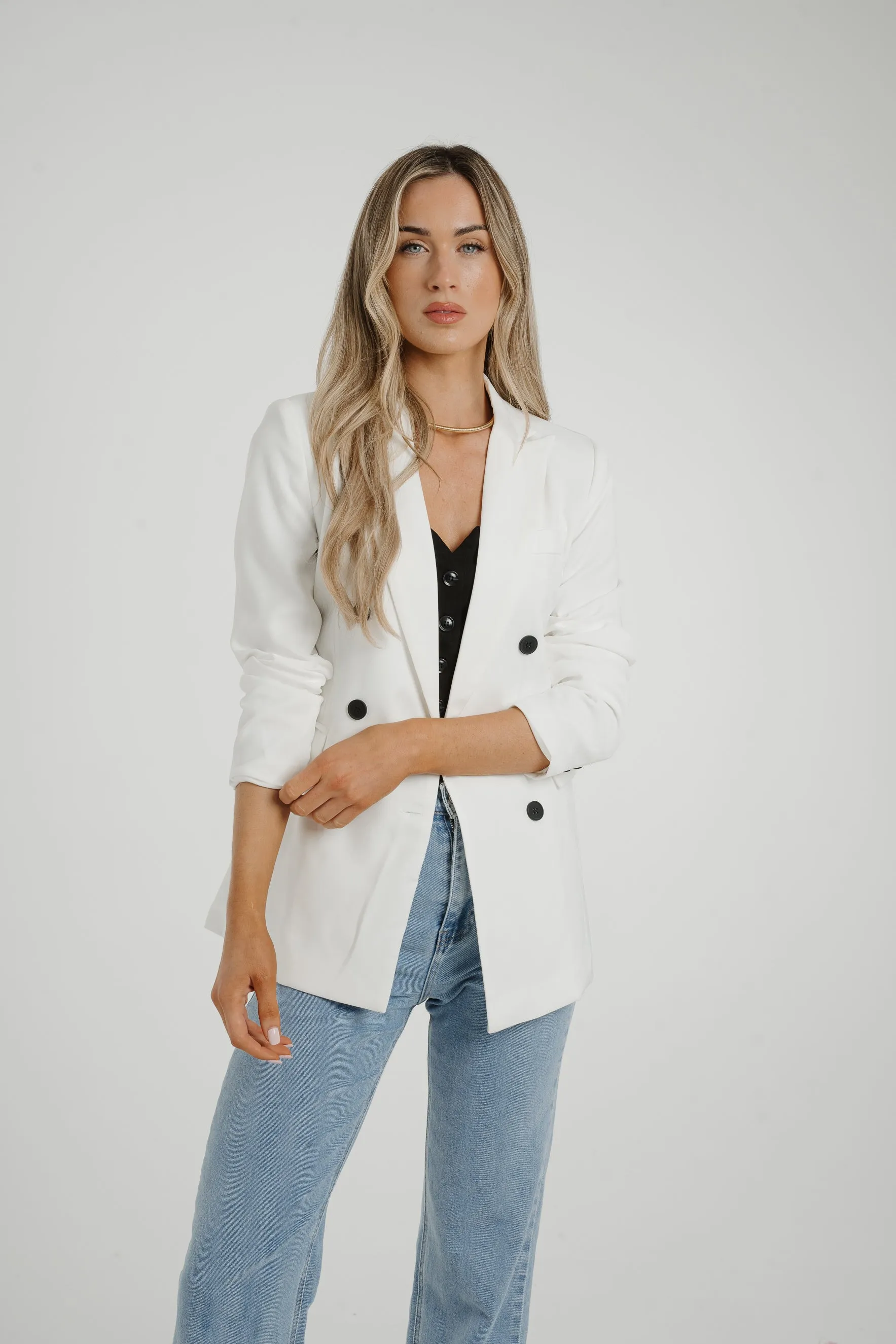 Caitlyn Black Button Blazer In White