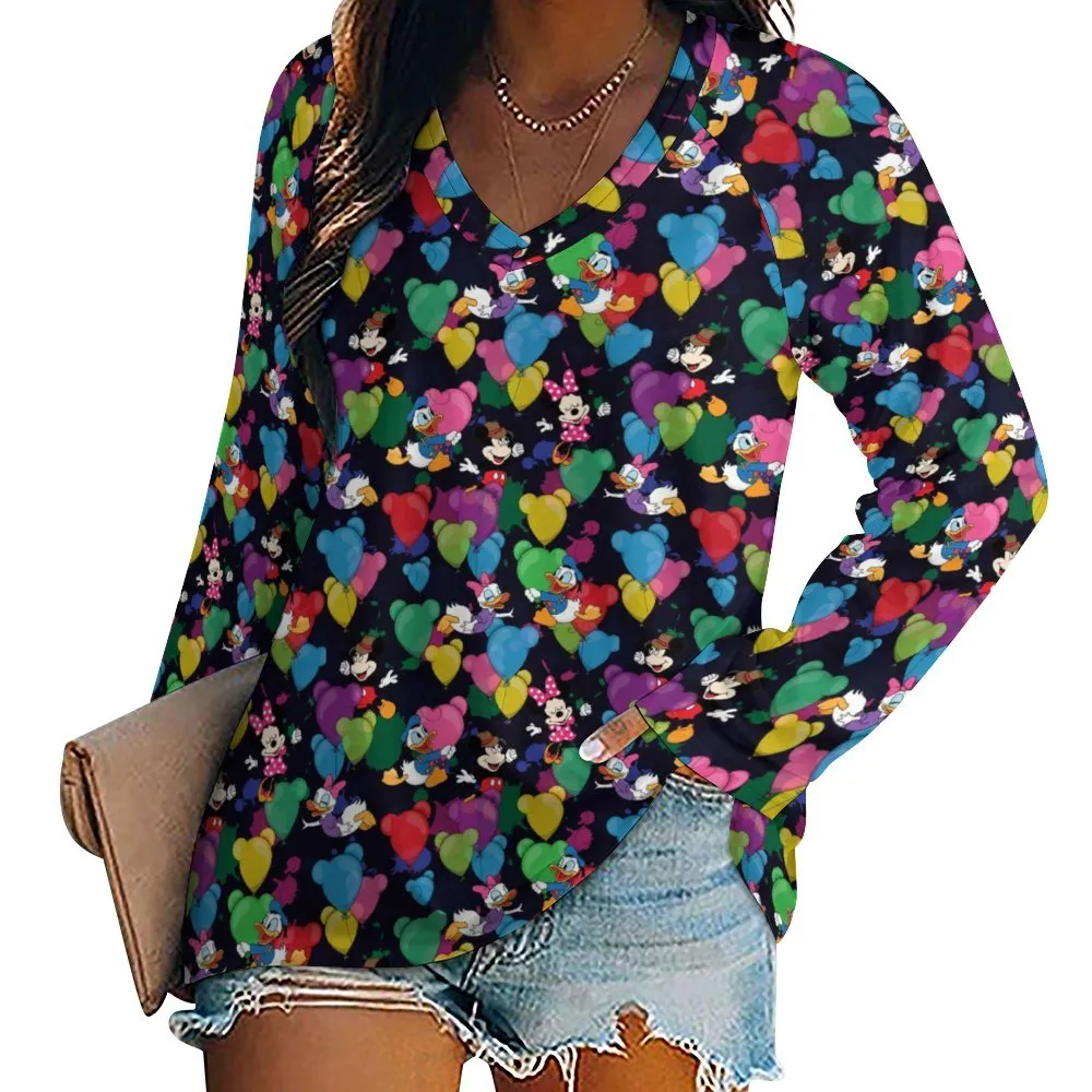 Character Balloons Long Sleeve Loose V-Neck Tee