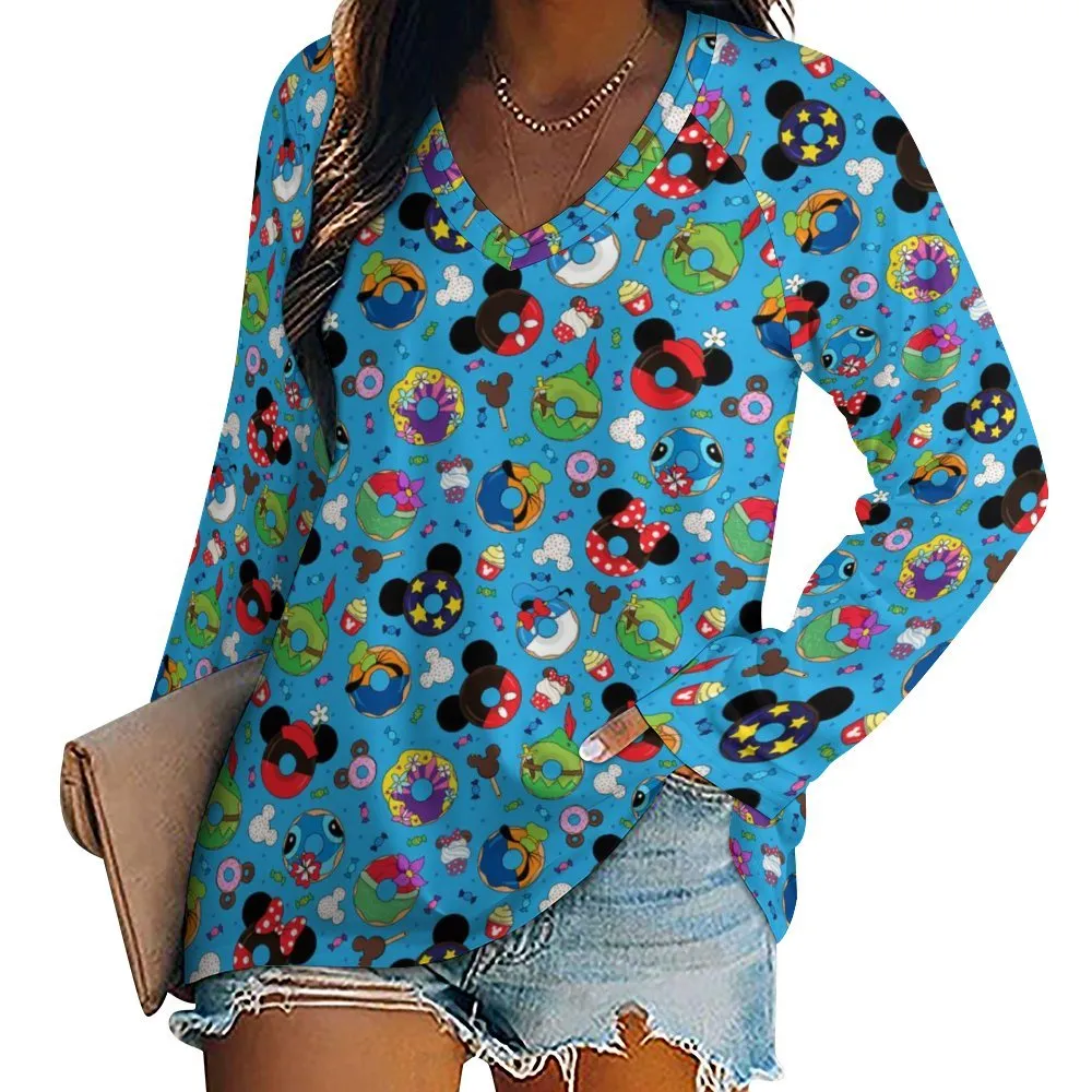 Character Donuts Long Sleeve Loose V-Neck Tee