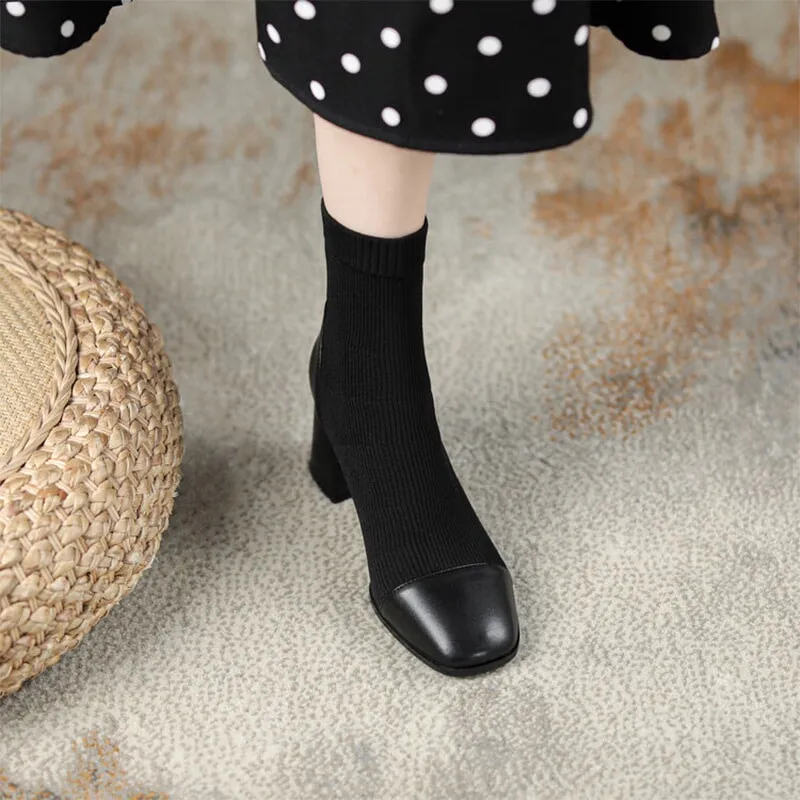 Classic Elegant Slimming Boots Mid Heel Knit Stretch Boots Square Toe Sock Boots in Black