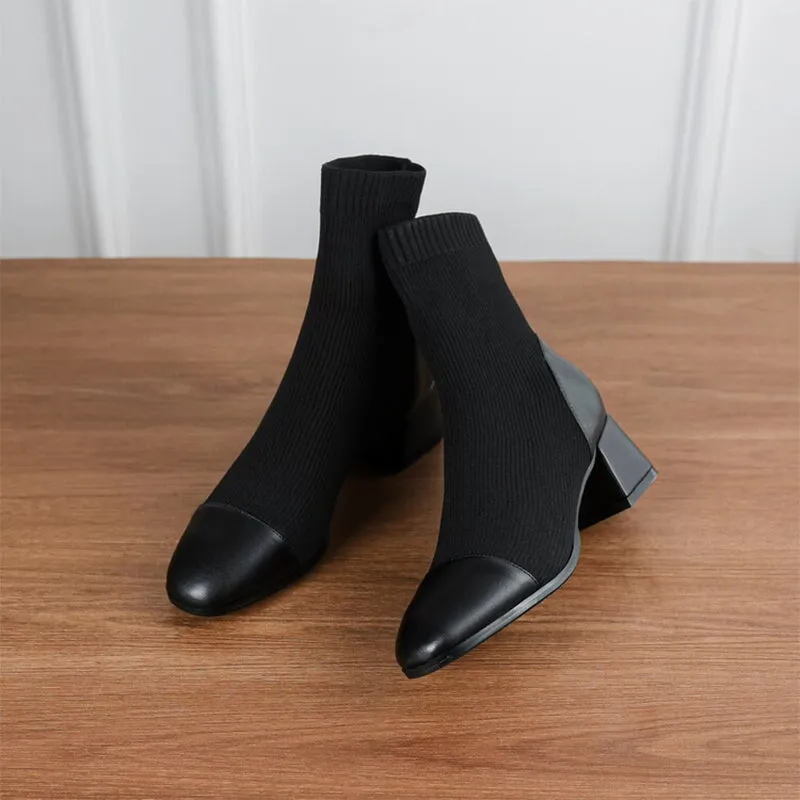 Classic Elegant Slimming Boots Mid Heel Knit Stretch Boots Square Toe Sock Boots in Black