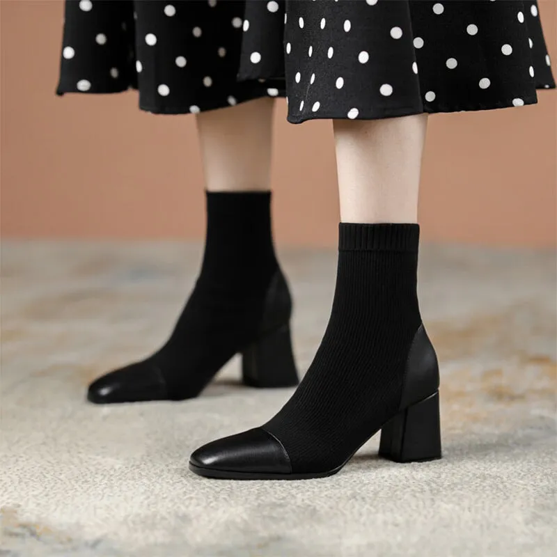 Classic Elegant Slimming Boots Mid Heel Knit Stretch Boots Square Toe Sock Boots in Black