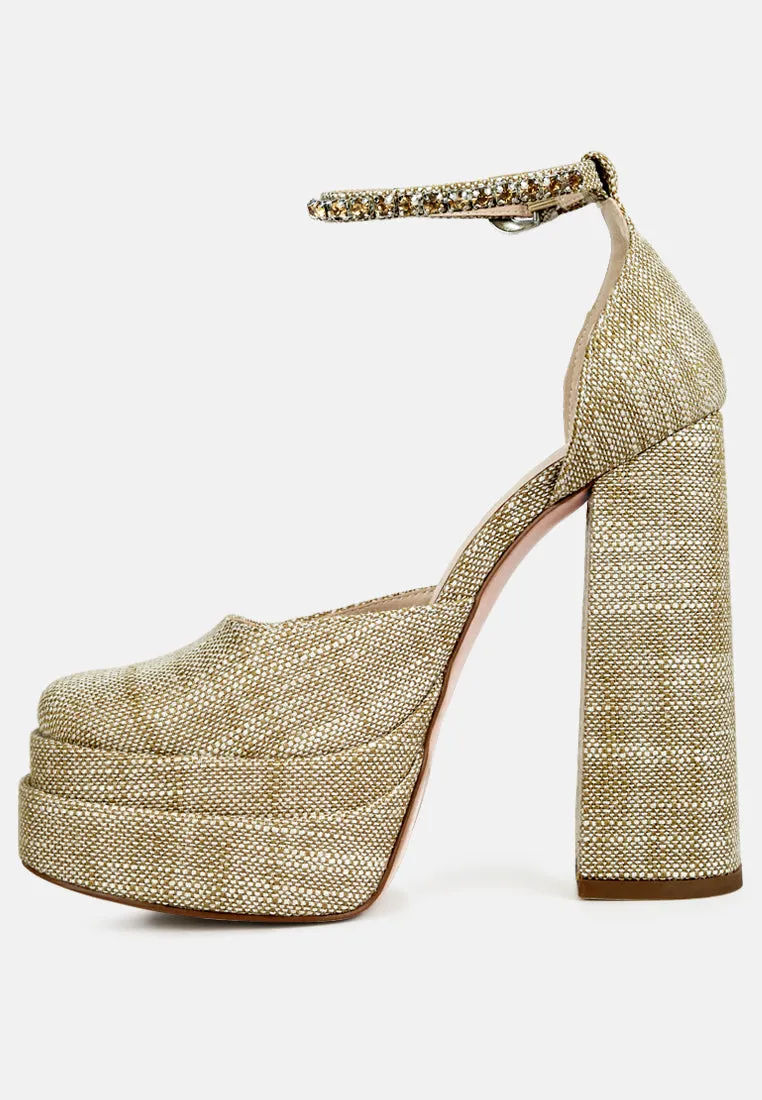 COSETTE Diamante Embellished Ankle Strap High Block Heel Sandals in Beige