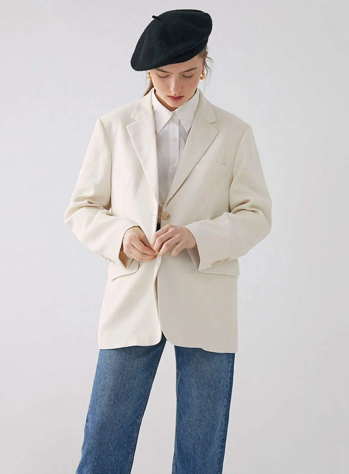 Creamy Single Breasted Blazer Jacket for Women Spring Coat