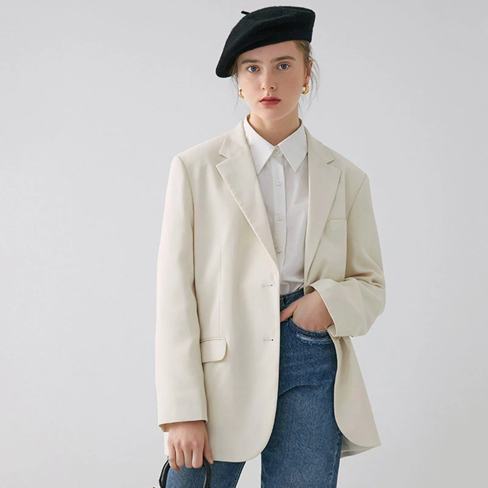 Creamy Single Breasted Blazer Jacket for Women Spring Coat