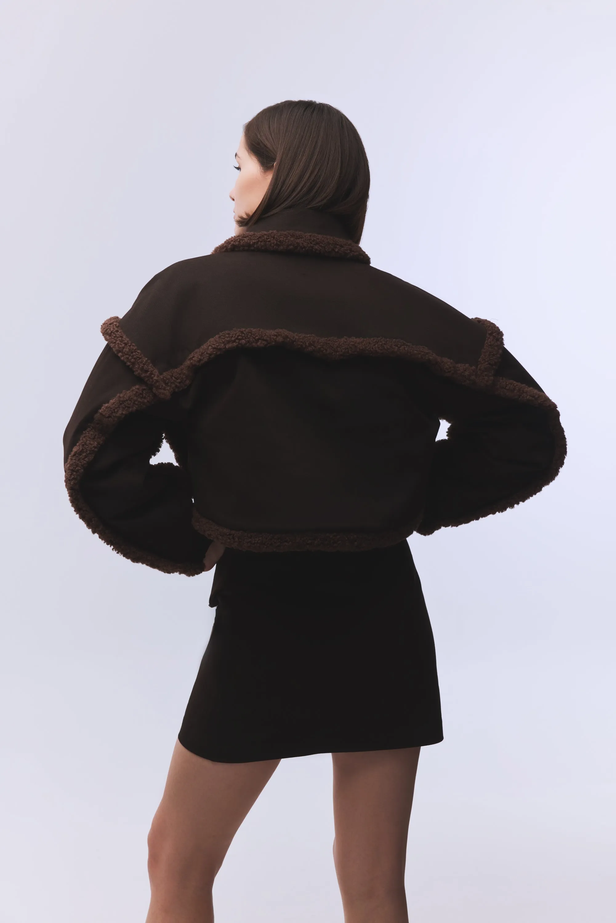 DARK BROWN TEDDYDETAILED SHORT CANVAS COAT