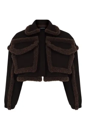 DARK BROWN TEDDYDETAILED SHORT CANVAS COAT