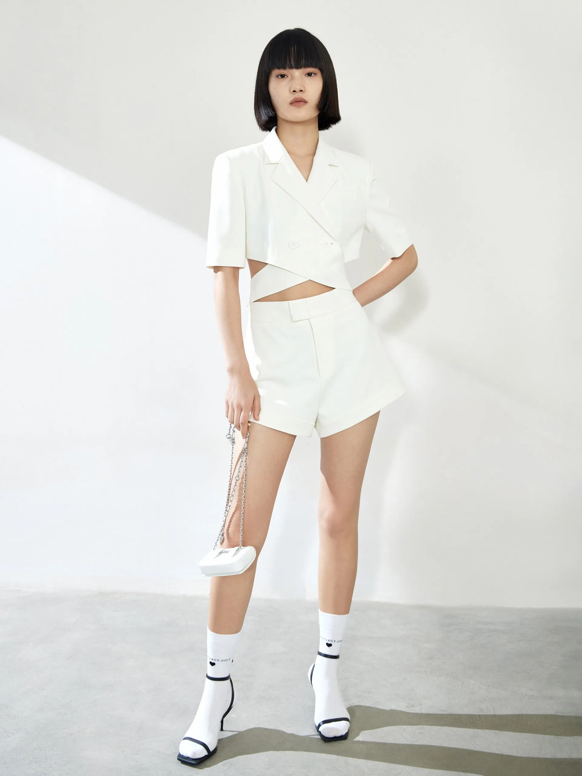 Deconstructed Cut-Out Lapel Crop Blazer