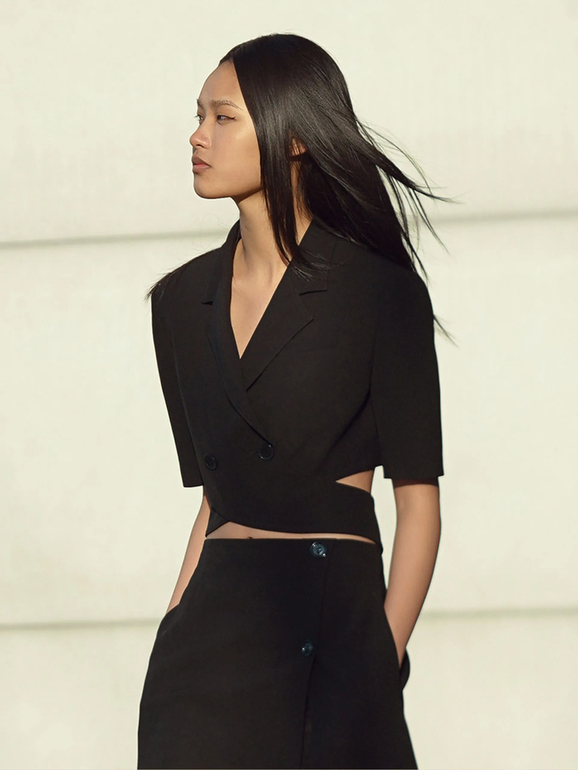 Deconstructed Cut-Out Lapel Crop Blazer