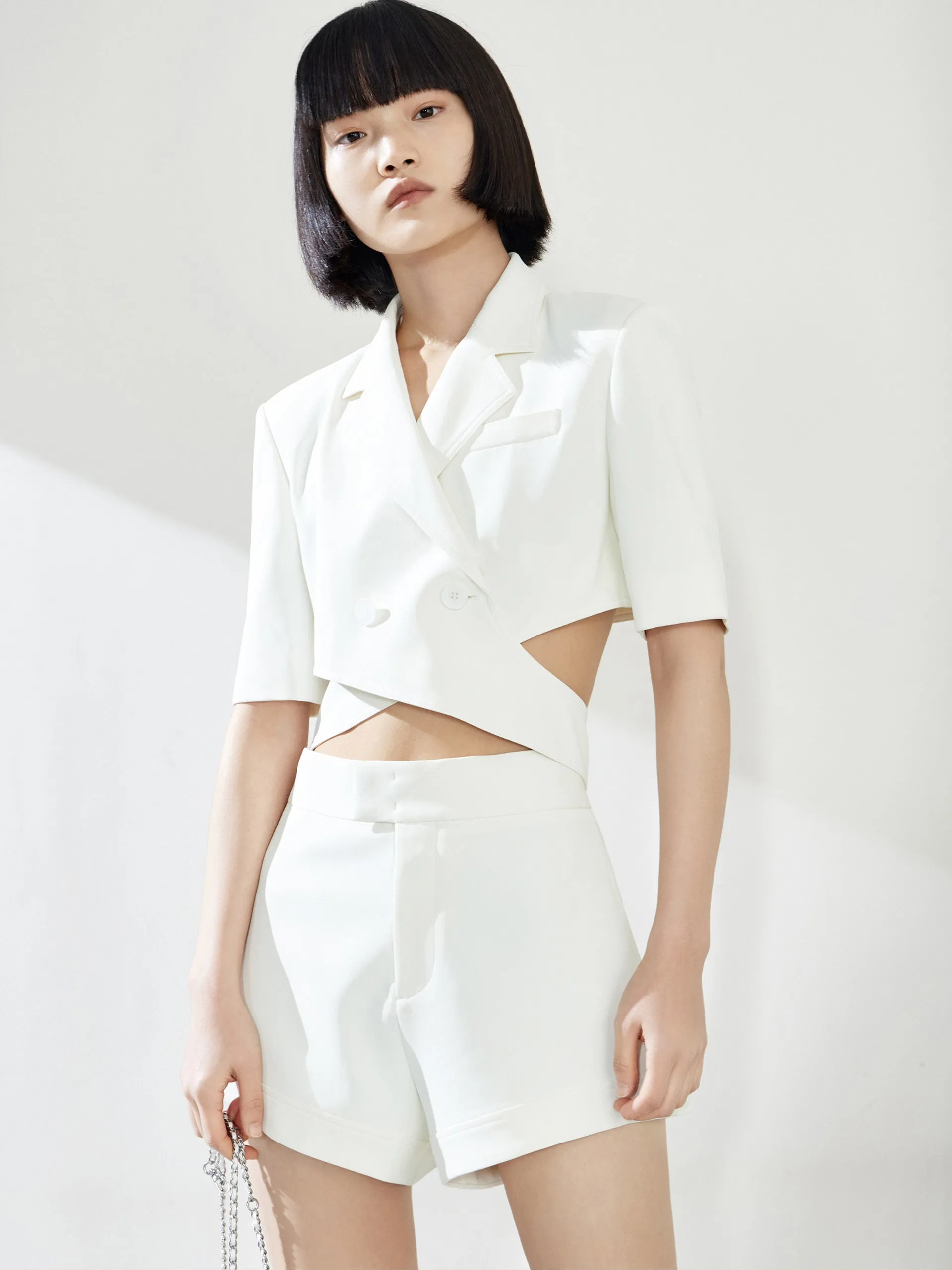 Deconstructed Cut-Out Lapel Crop Blazer