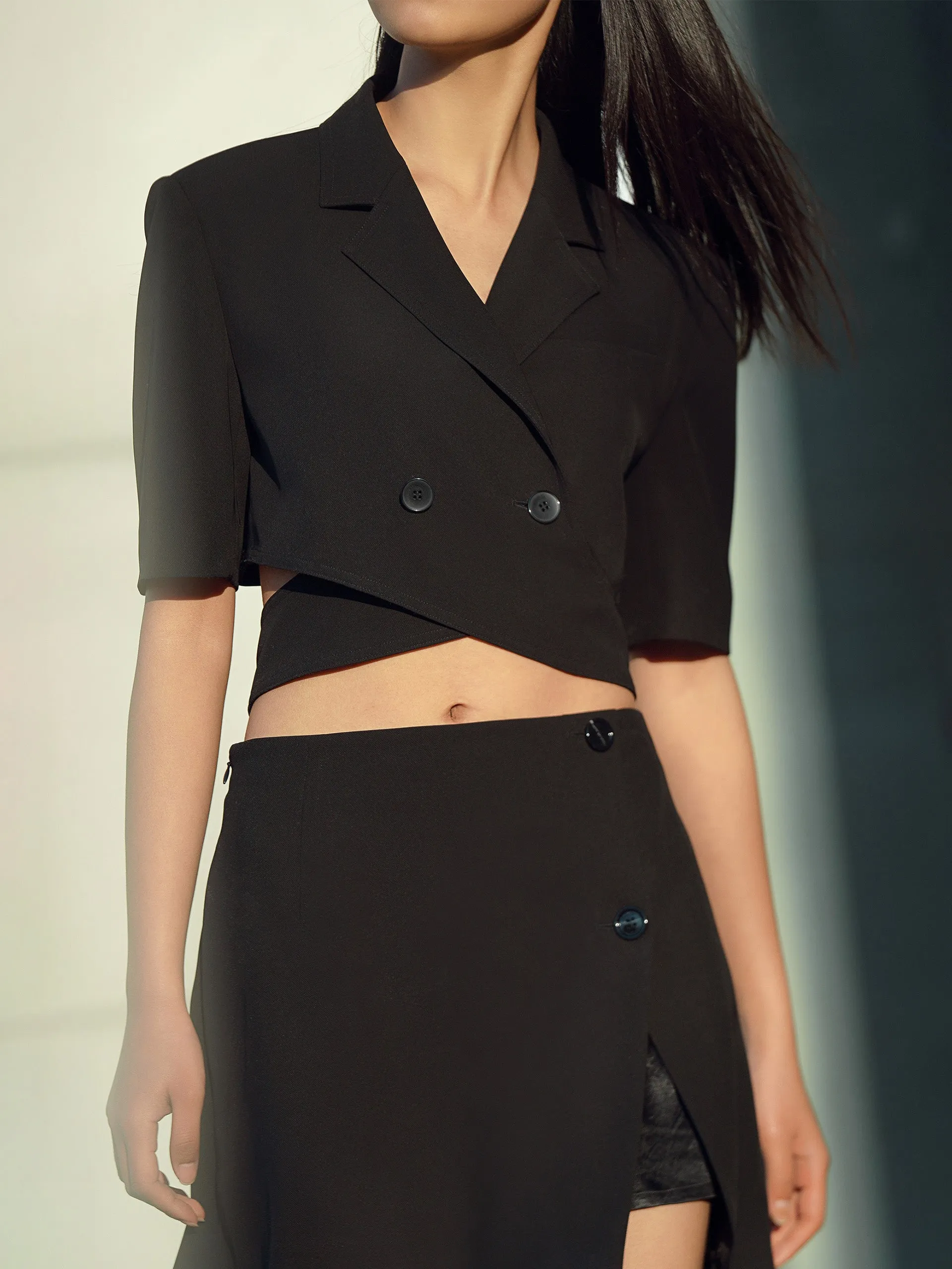 Deconstructed Cut-Out Lapel Crop Blazer