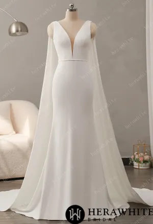 Deep V-Neckline Crepe Wedding Dress with Detachable Cape