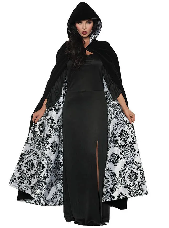 Deluxe Black and White Flocked Satin Costume Cape