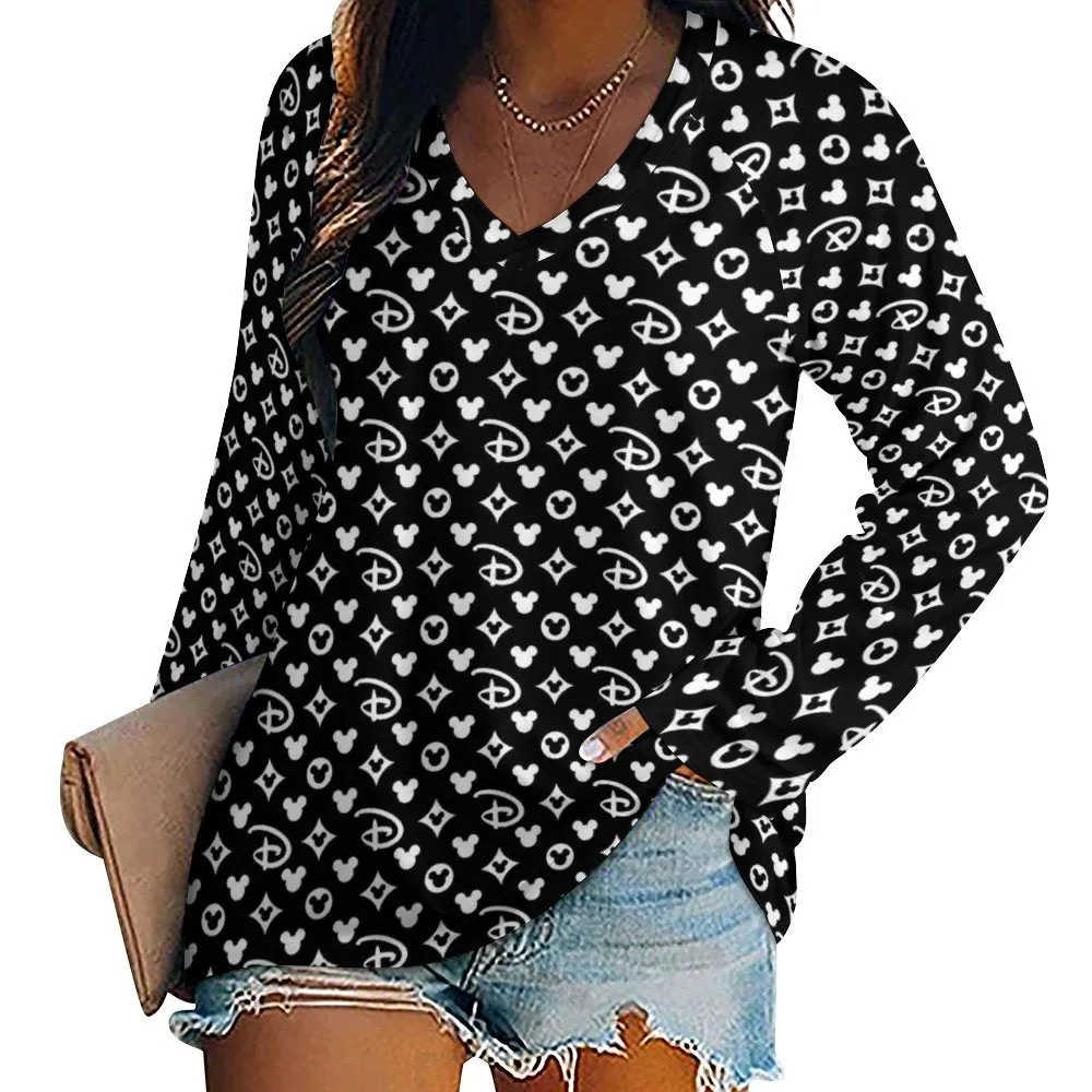 Designer Long Sleeve Loose V-Neck Tee