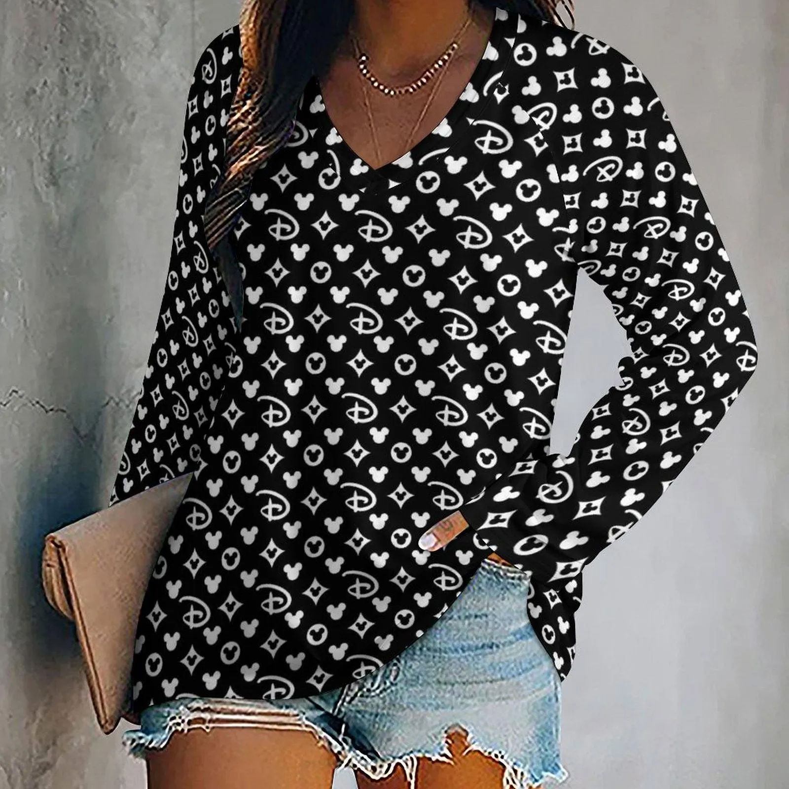 Designer Long Sleeve Loose V-Neck Tee