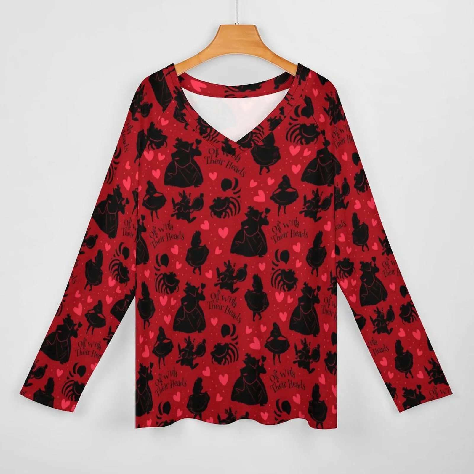 Disney Alice In Wonderland Queen Of Hearts Off With Their Heads Long Sleeve Loose V-Neck Tee