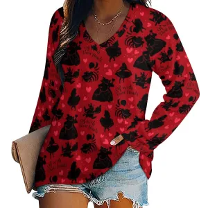 Disney Alice In Wonderland Queen Of Hearts Off With Their Heads Long Sleeve Loose V-Neck Tee