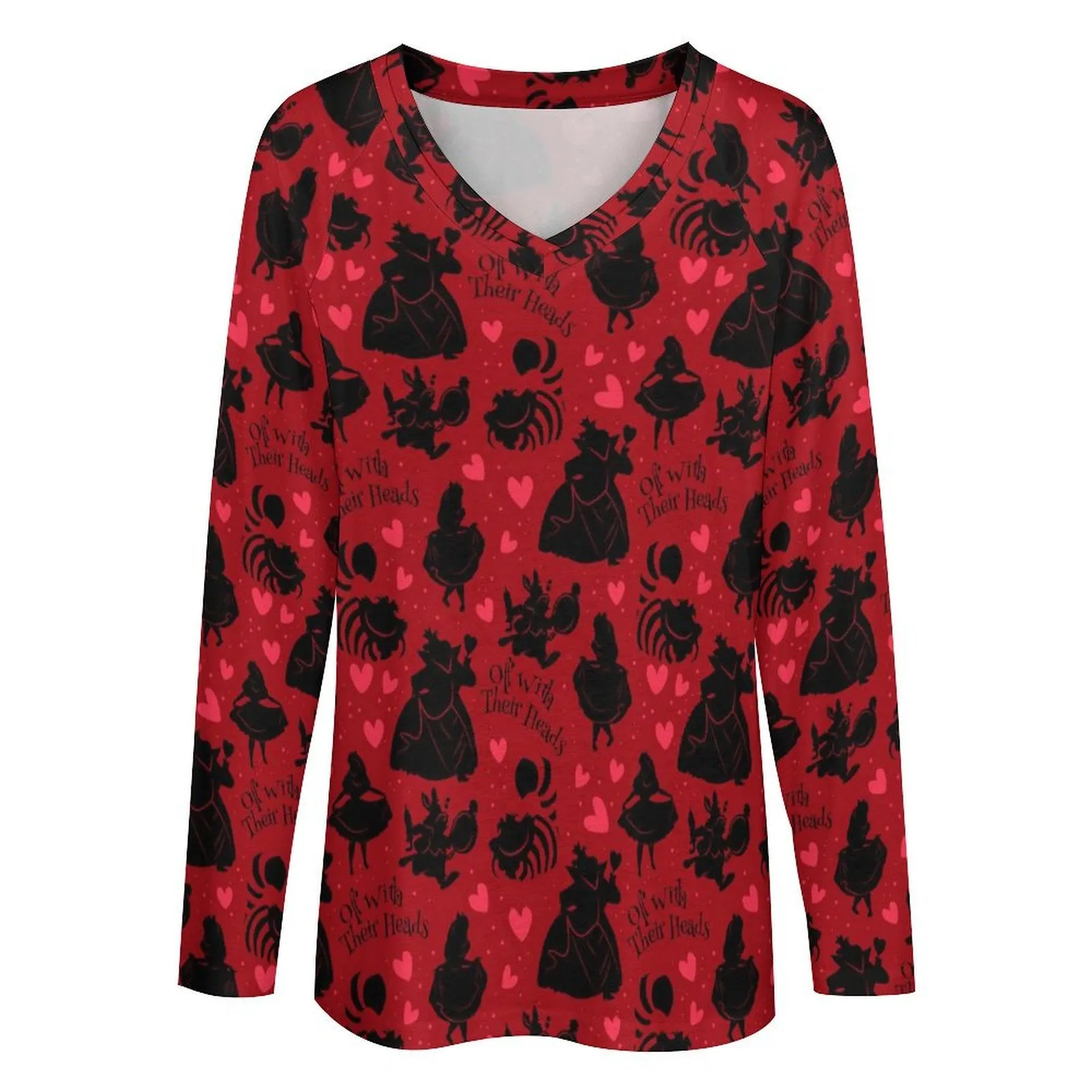 Disney Alice In Wonderland Queen Of Hearts Off With Their Heads Long Sleeve Loose V-Neck Tee