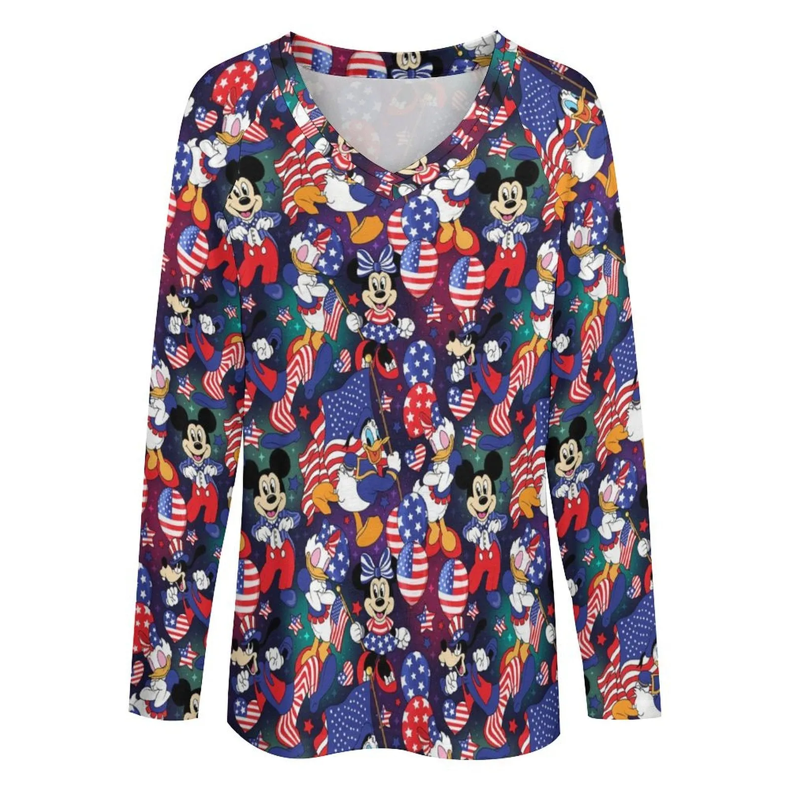 Disney America Long Sleeve Loose V-Neck Tee