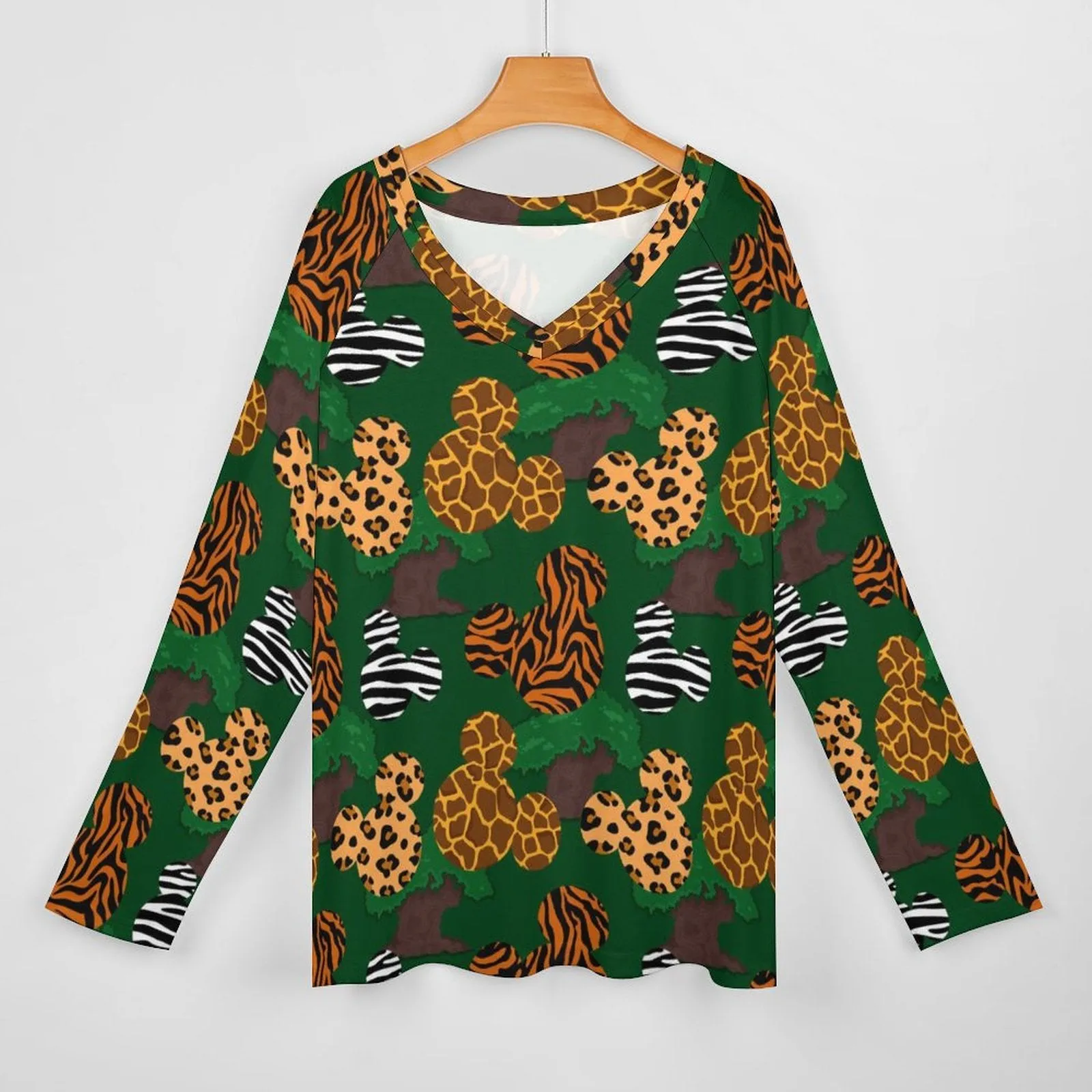 Disney Animal Prints Long Sleeve Loose V-Neck Tee