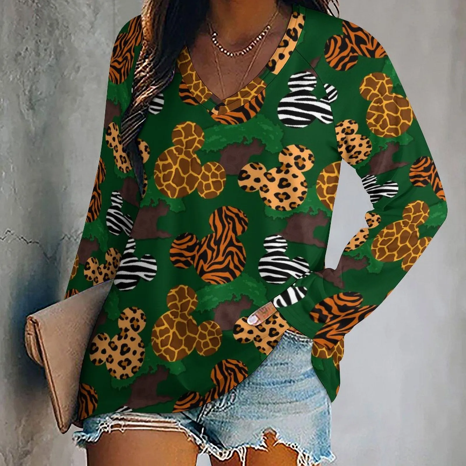 Disney Animal Prints Long Sleeve Loose V-Neck Tee