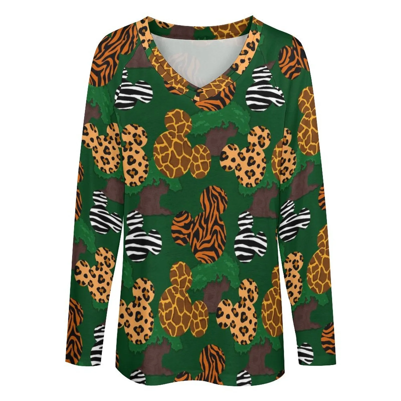 Disney Animal Prints Long Sleeve Loose V-Neck Tee