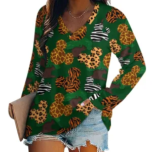 Disney Animal Prints Long Sleeve Loose V-Neck Tee