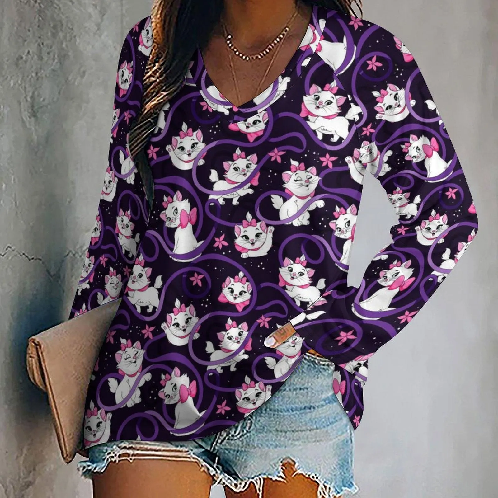 Disney Aristocats Marie Becuase I'm A Lady Long Sleeve Loose V-Neck Tee