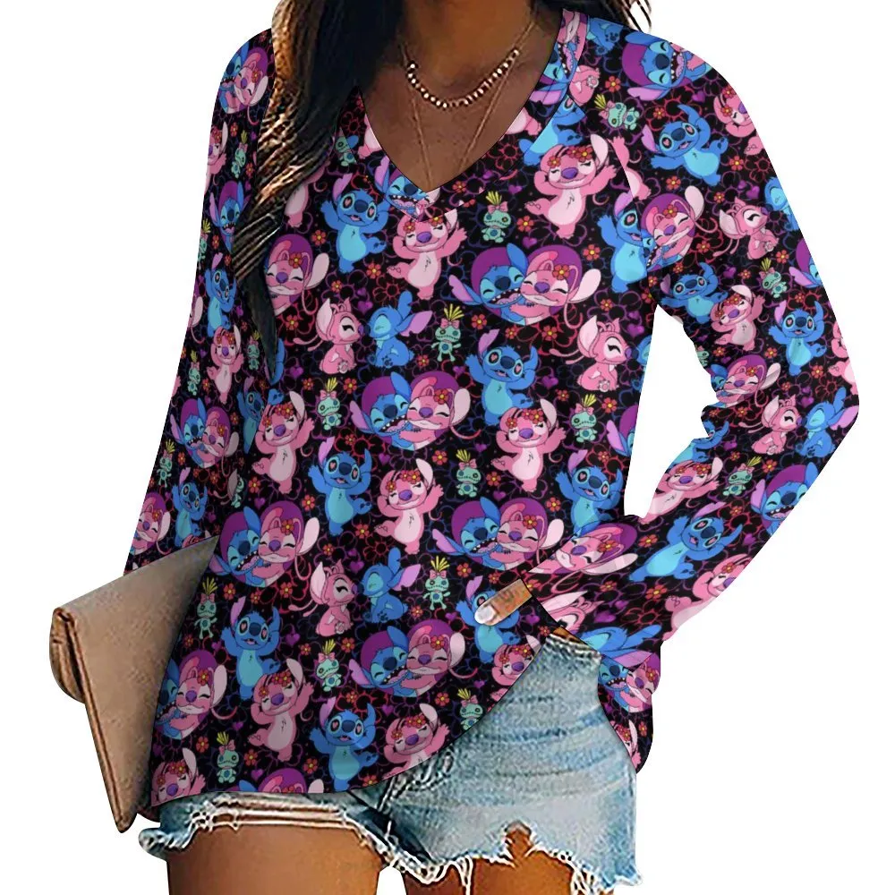 Disney Lilo And Stitch Angel Besties Long Sleeve Loose V-Neck Tee