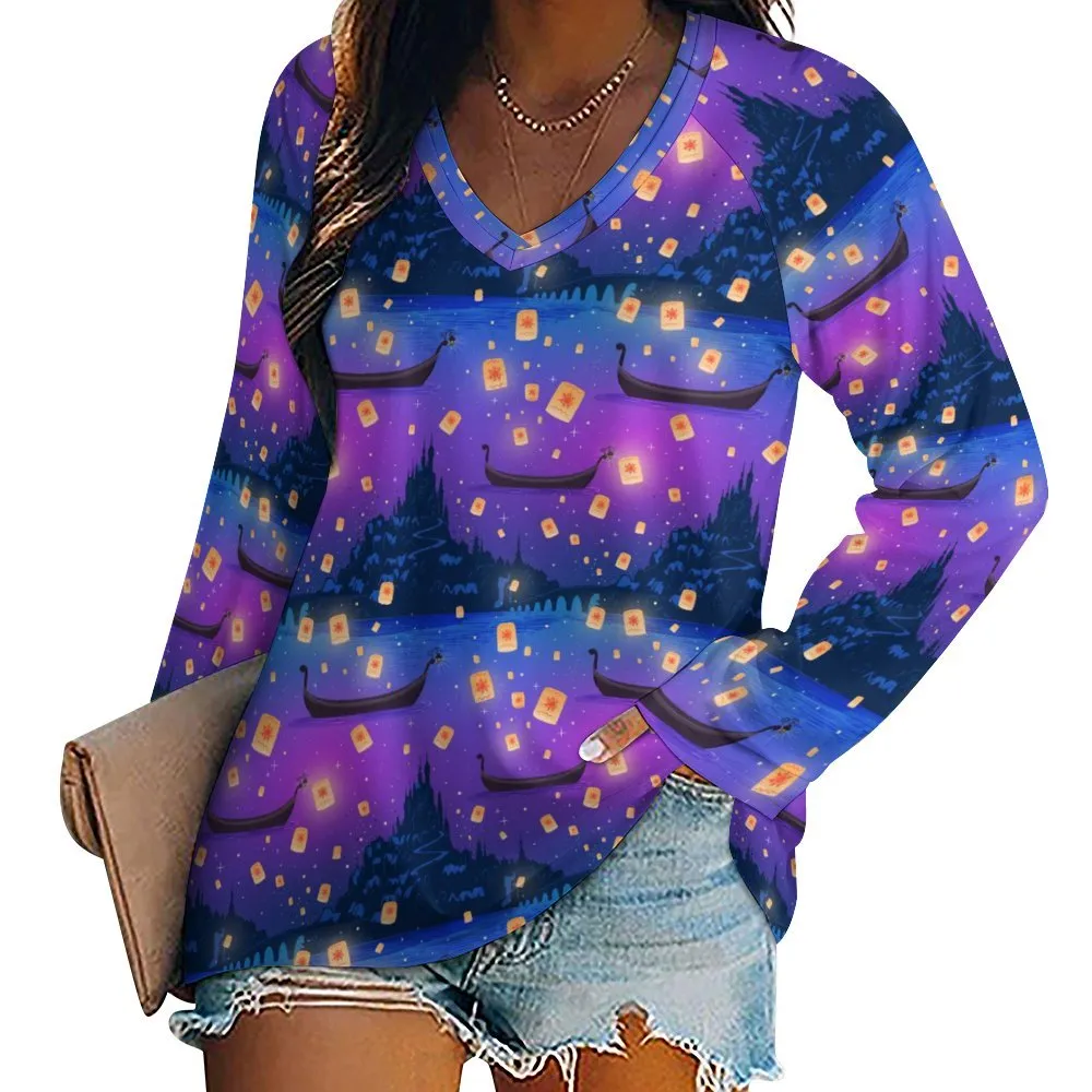 Disney Tangled Rapunzel Floating Lanterns Long Sleeve Loose V-Neck Tee