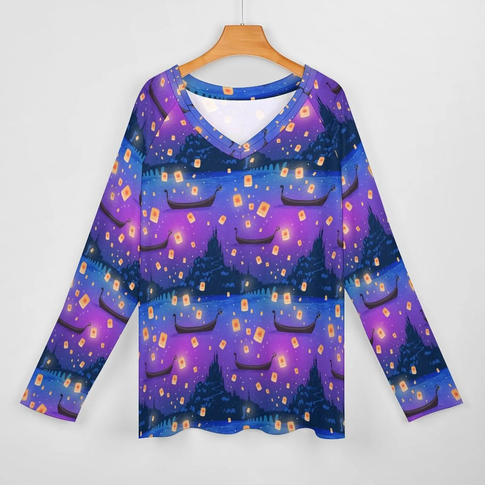 Disney Tangled Rapunzel Floating Lanterns Long Sleeve Loose V-Neck Tee