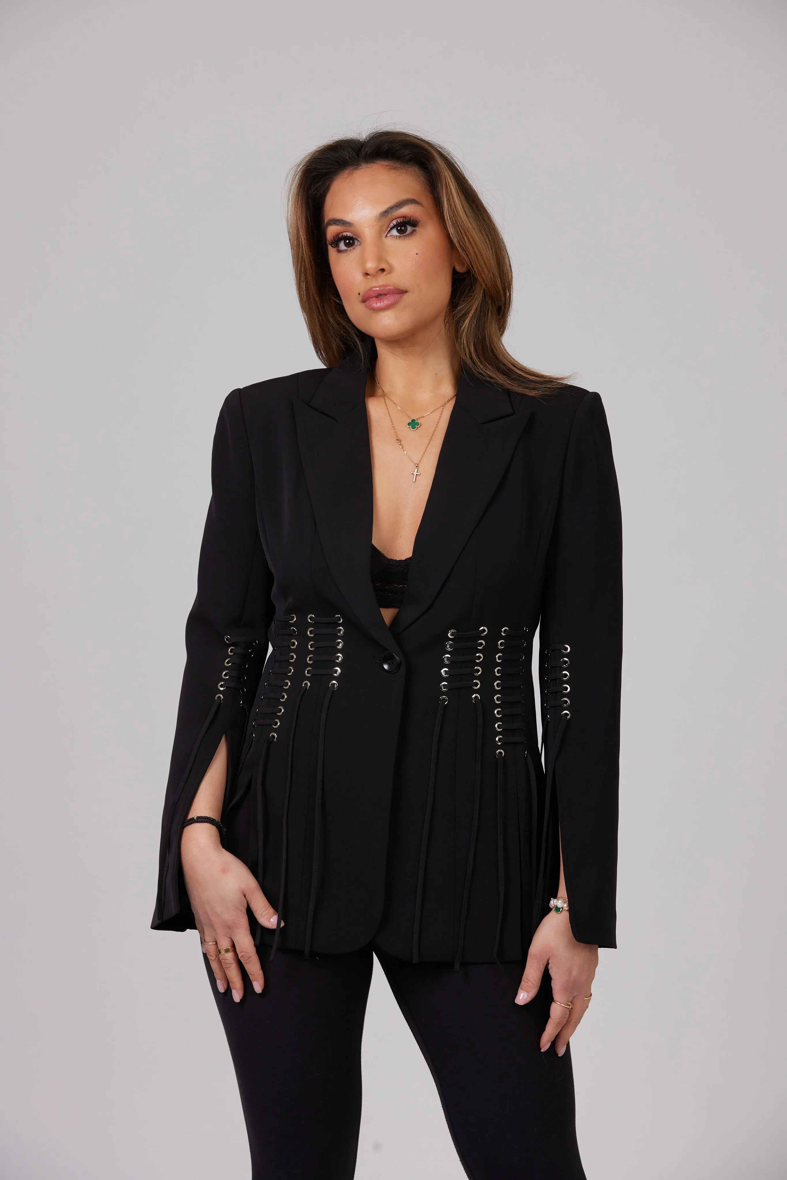 DORA BLACK SLIT SLEEVE WITH WAIST DETAILS BLAZER