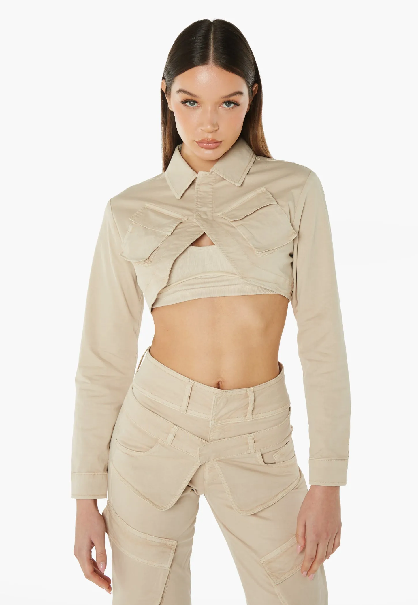 Double Waistband Cargo Pants - Stone