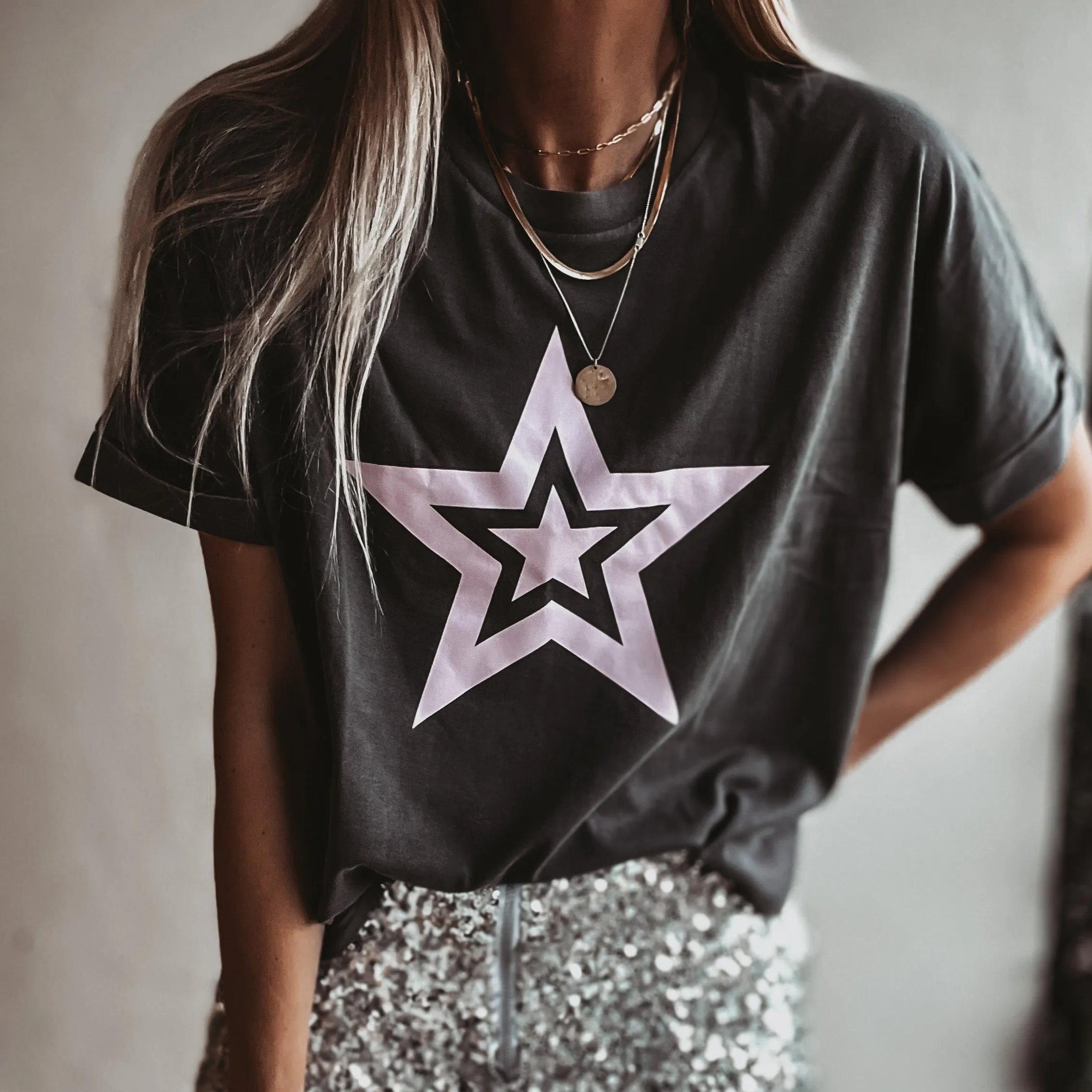 Dusty pink double star on vintage grey tee *boxy fit*