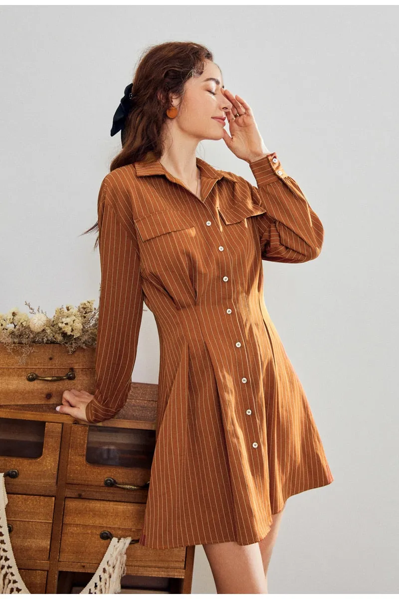 Elegant Long Sleeve Striped Office Khaki Blazer Chic Party Dress