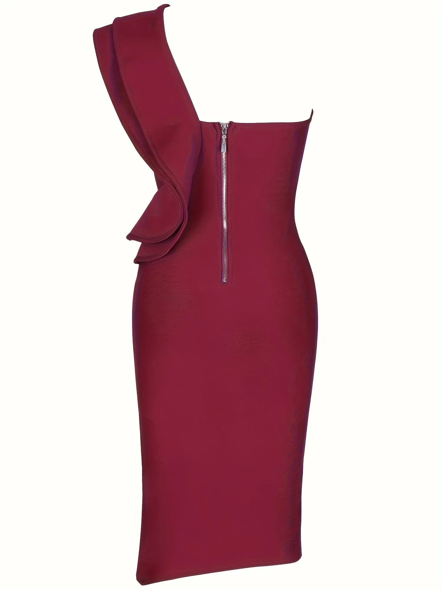 Elegant One Shoulder Ruffle Trim Bodycon Cocktail Dress