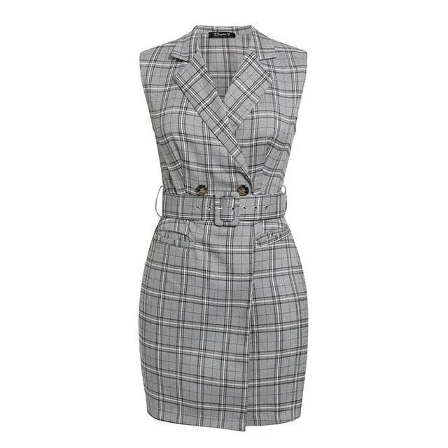 Elegant Sleeveless Office Plaid Belt Lapel Spring Casual Office Dress