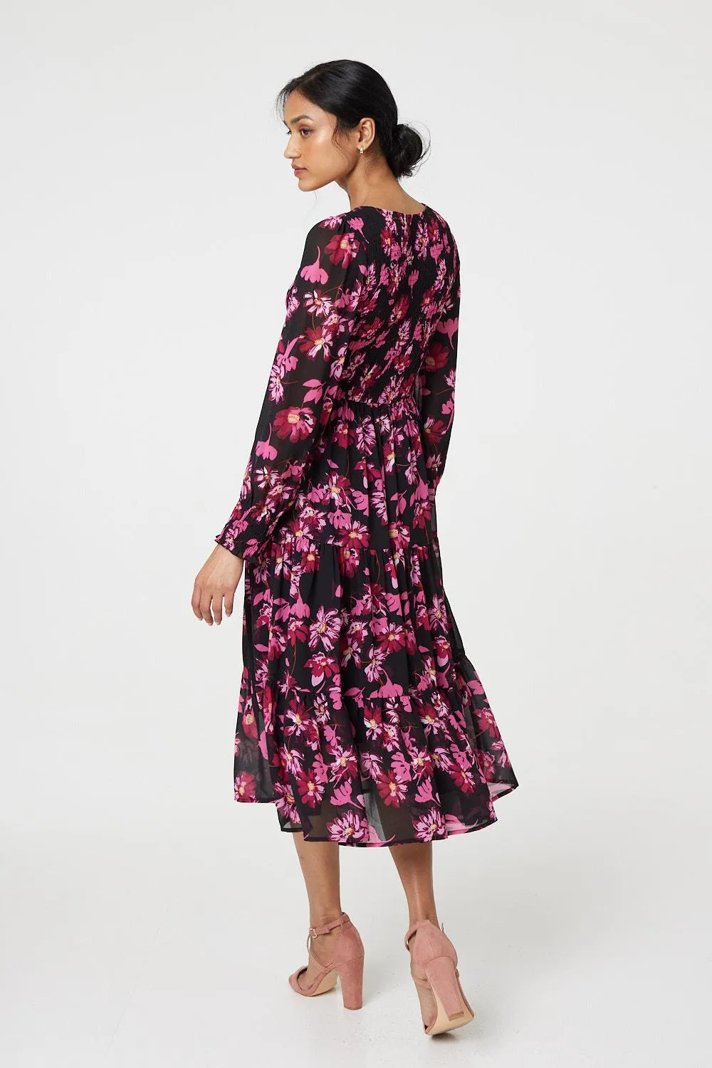 Floral Semi Sheer Long Sleeve Midi Dress