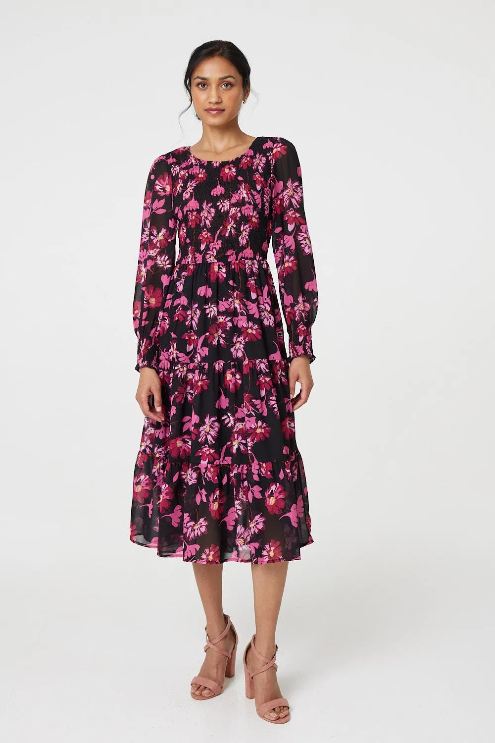 Floral Semi Sheer Long Sleeve Midi Dress