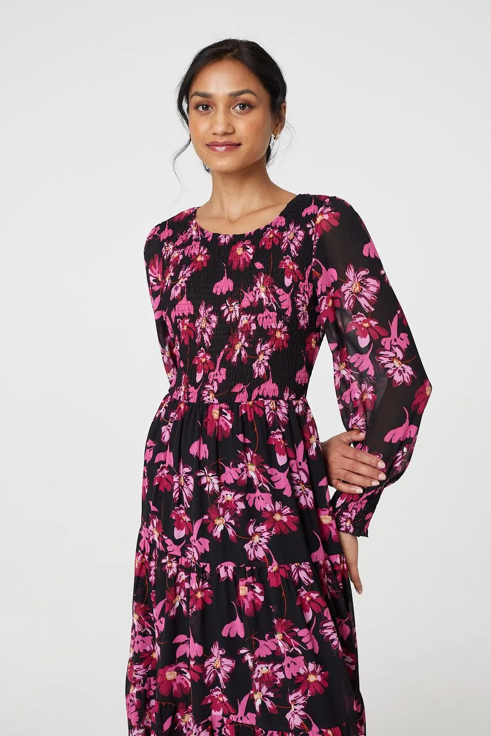 Floral Semi Sheer Long Sleeve Midi Dress