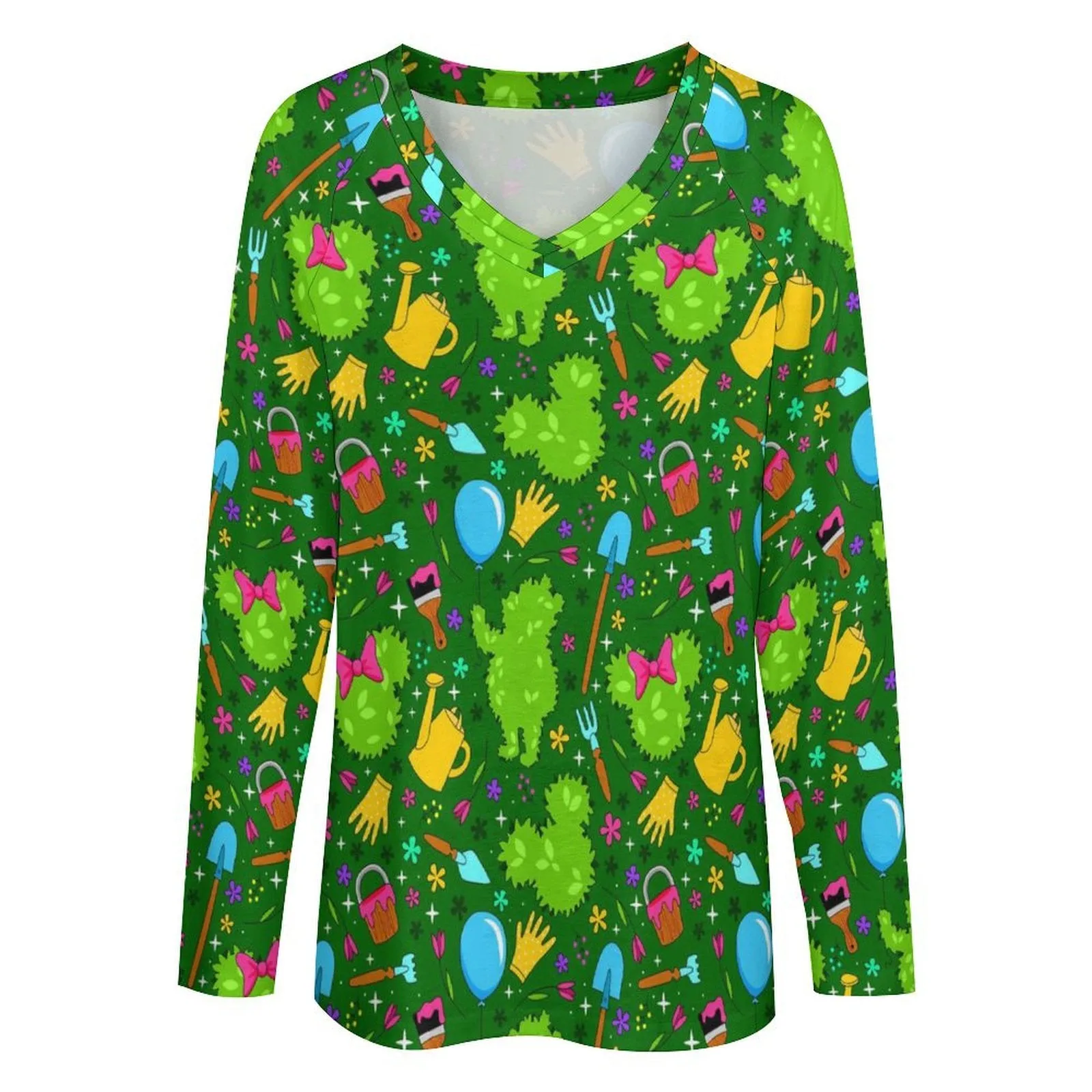 Flower And Garden Long Sleeve Loose V-Neck Tee