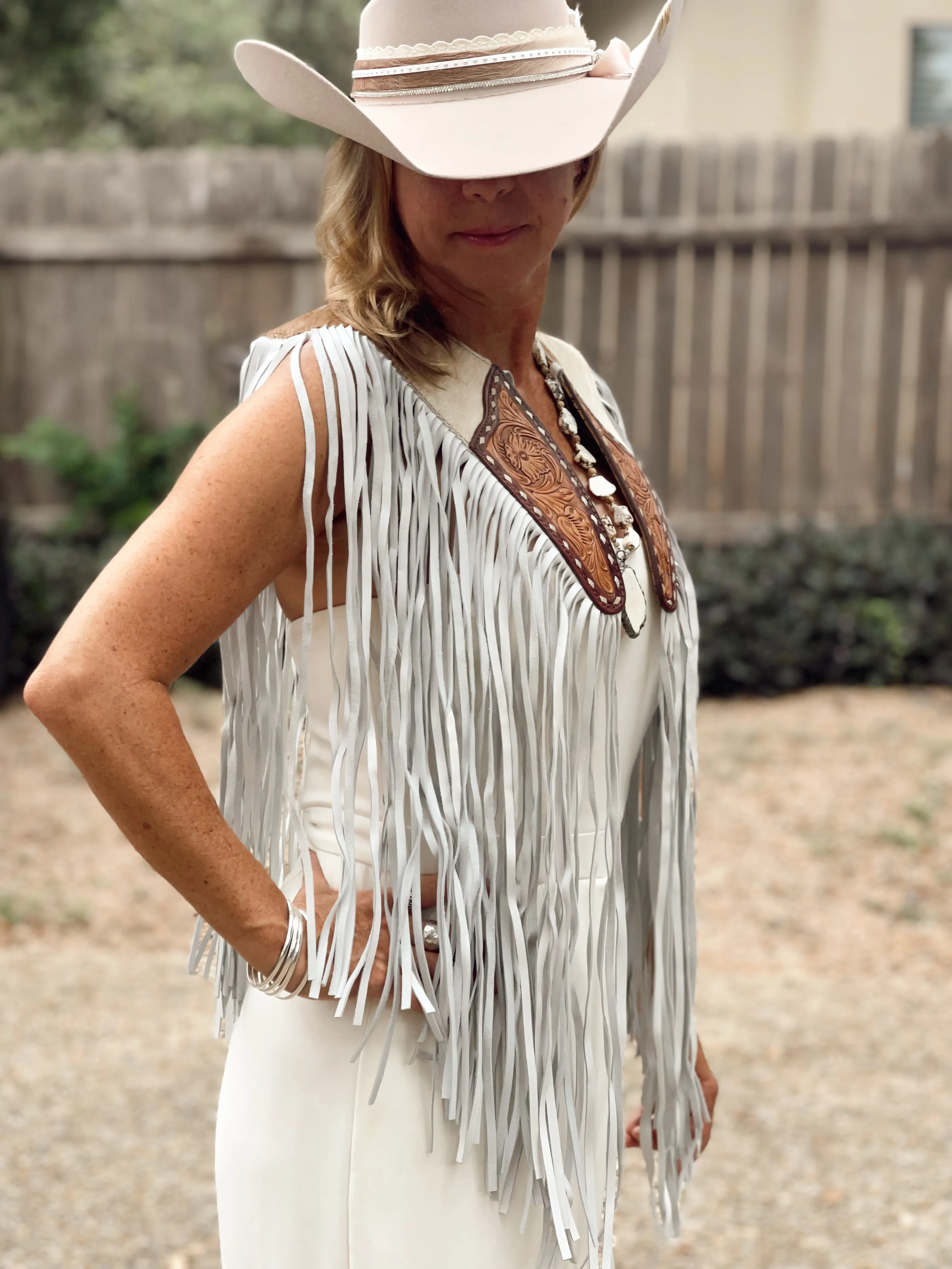 Fringe Leather Cape - White