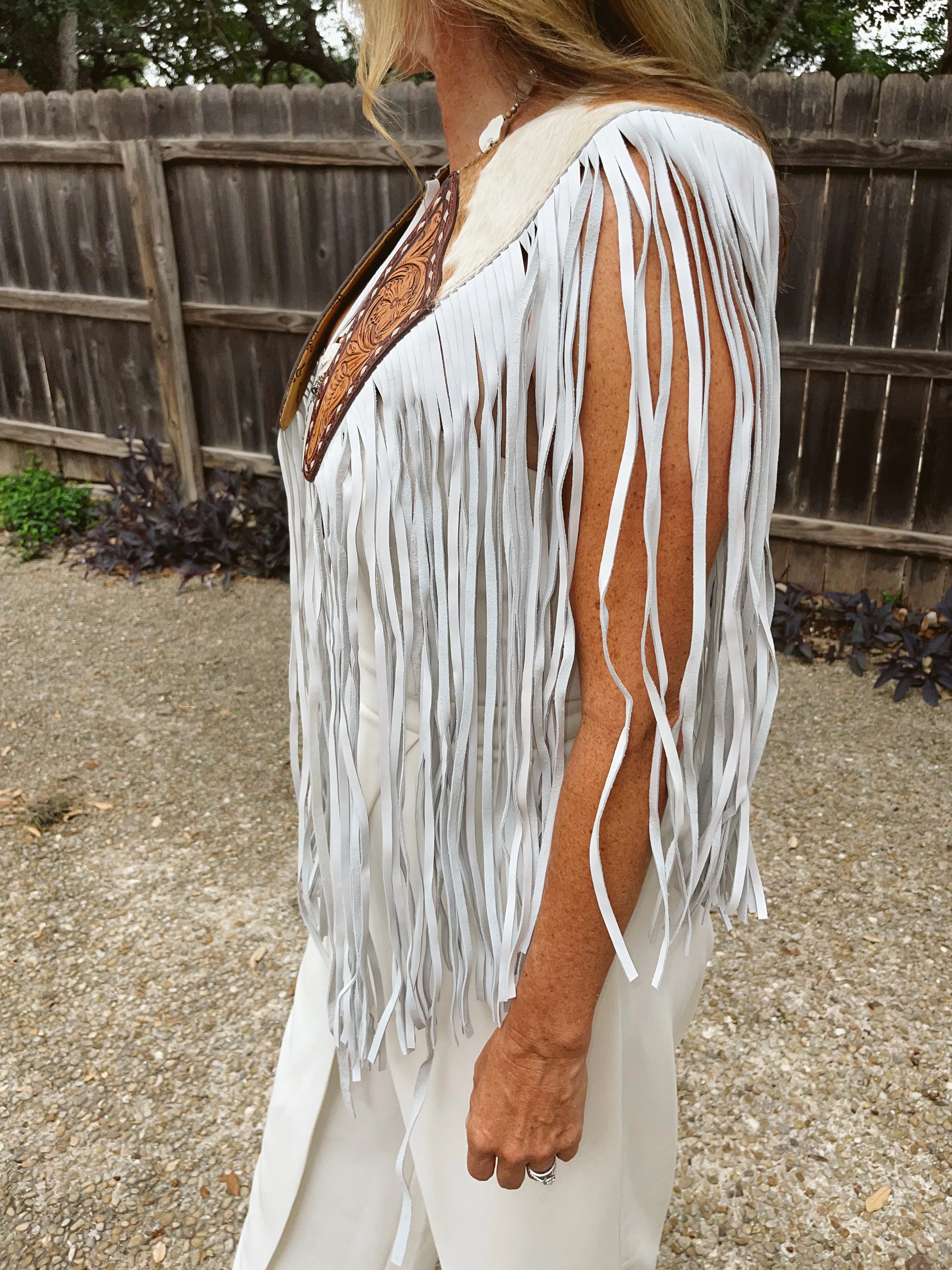 Fringe Leather Cape - White