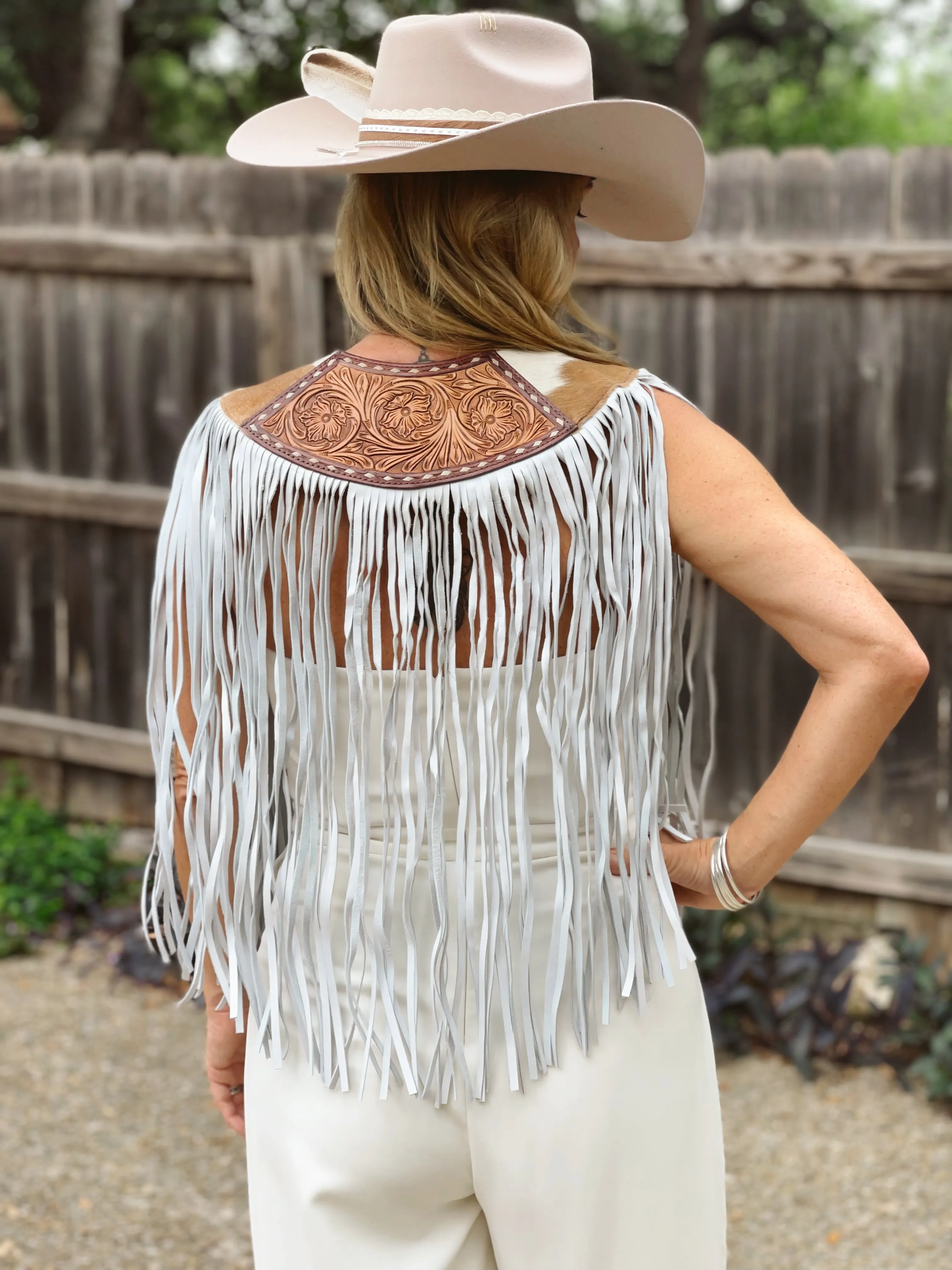 Fringe Leather Cape - White