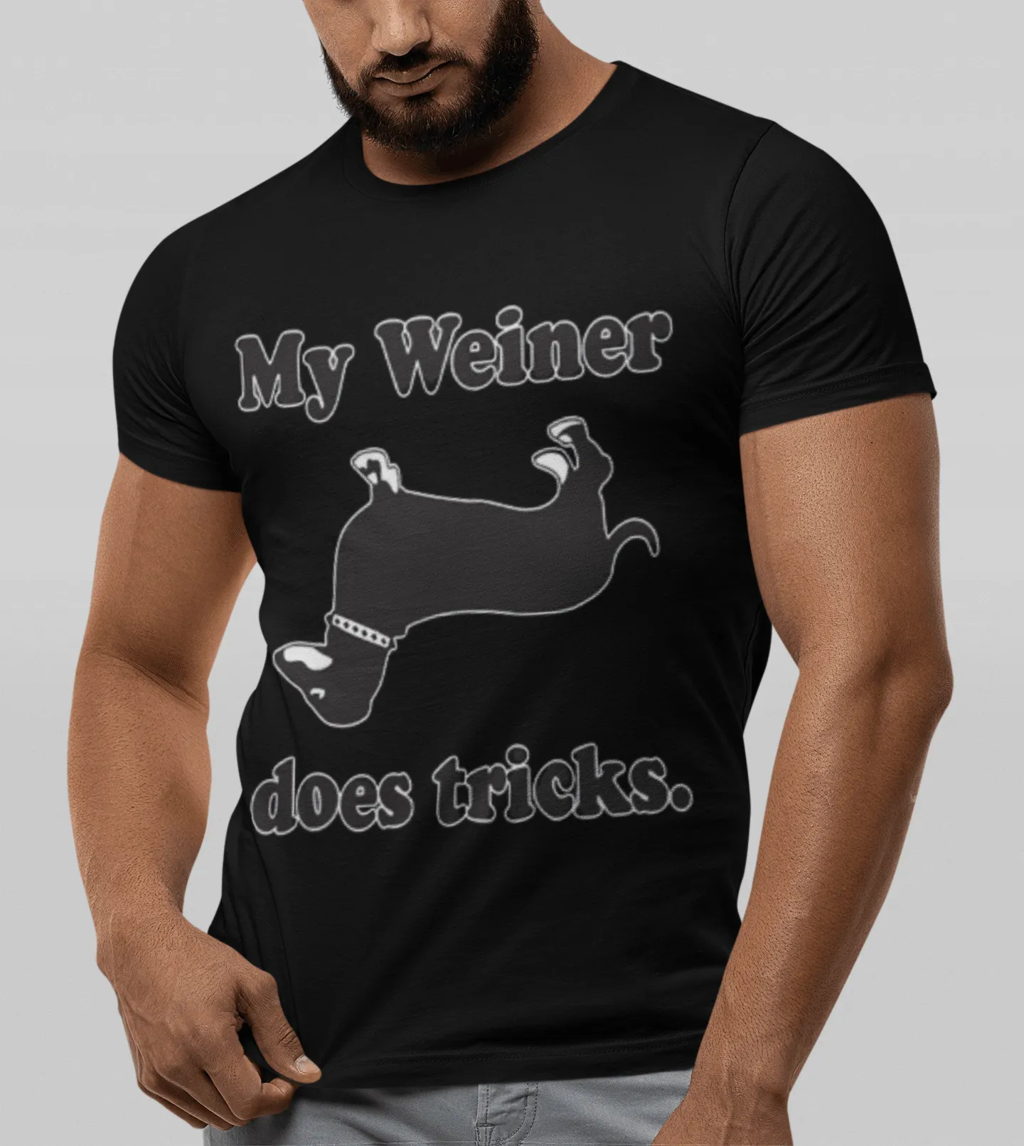 Funny Pet Owner T-shirt My Weiner Does Tricks Short Sleeve Crewneck Ultra Soft Cotton Top