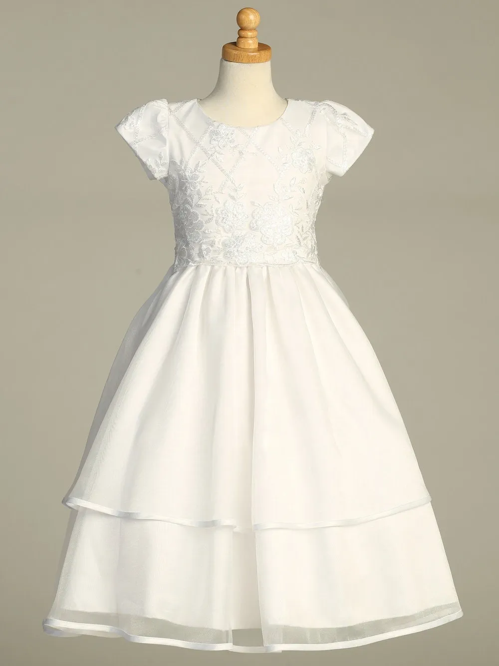 Girls White First Communion Dress w/ Embroidered Tulle & Sequins (205)