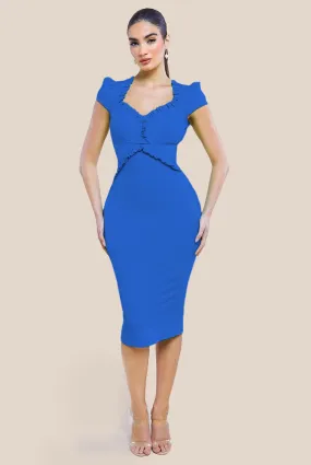 Goddiva Cap Sleeve Frill Edge Midi Dress - Royal Blue