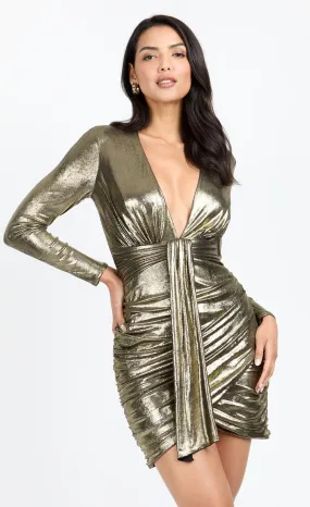 Gold Foil Draped Plunge Mini Dress by Chloe Lewis