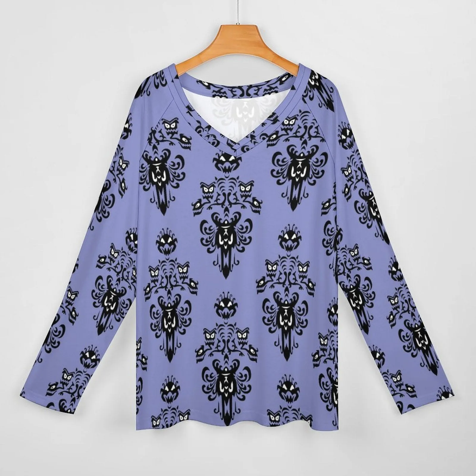 Haunted Mansion Wallpaper Long Sleeve Loose V-Neck Tee