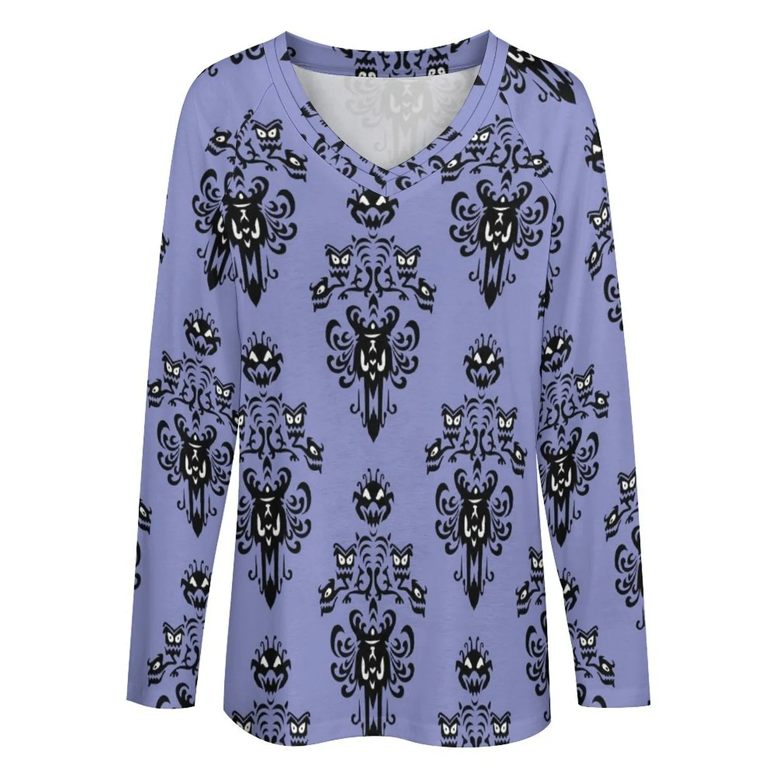 Haunted Mansion Wallpaper Long Sleeve Loose V-Neck Tee